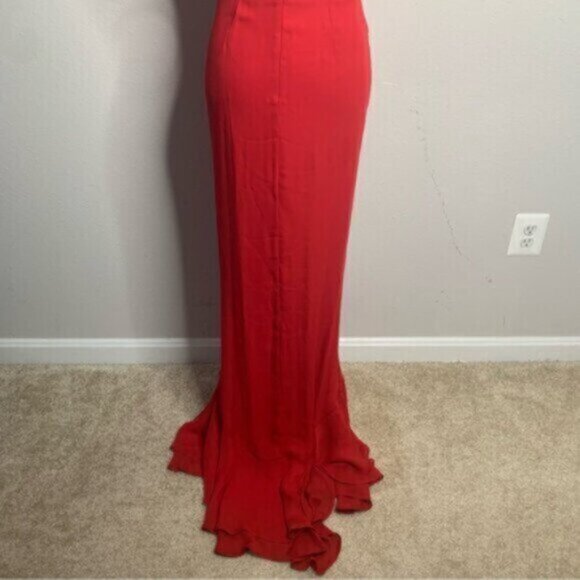 Vintage Red Halter Plunged Neckline Gown with Elegant Ruffle Detail - Picture 11 of 12